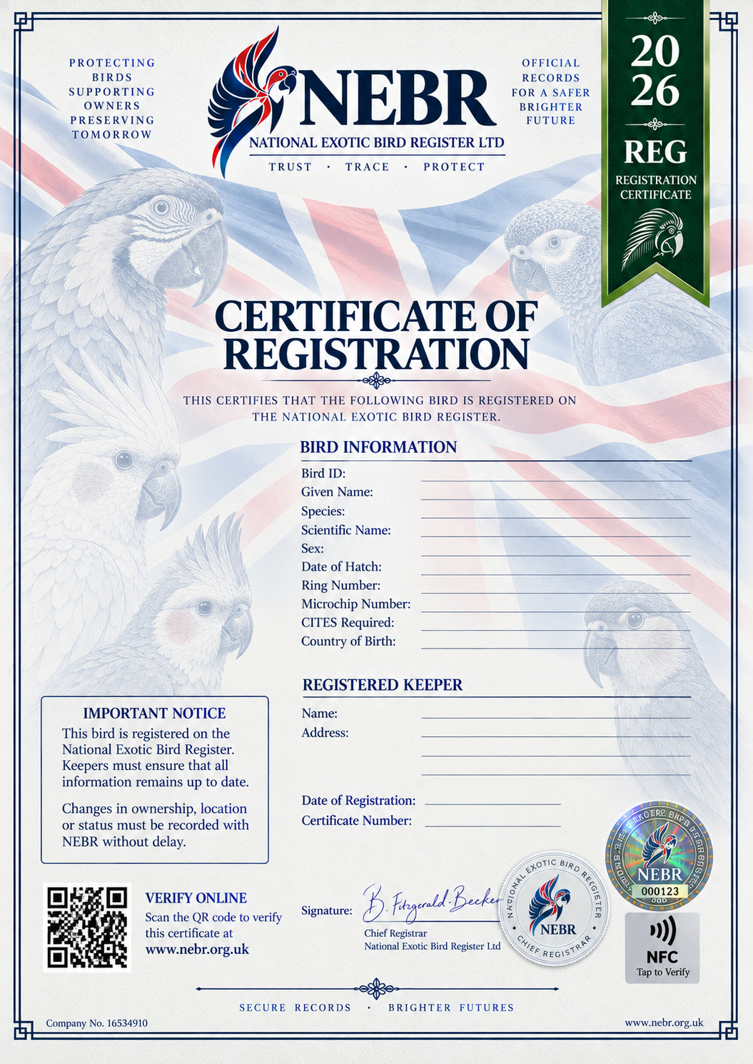 Example NEBR registration certificate